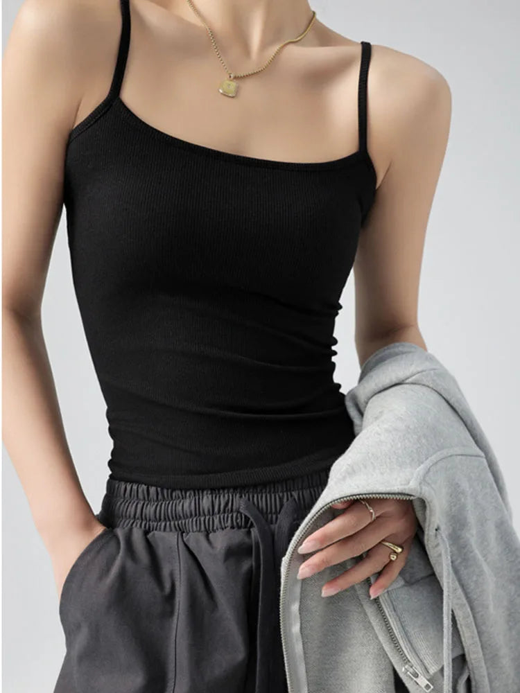 Women's Summer Basic Sleeveless Tank Top Spaghetti Strap Slim Fit Stretch Knitted Solid Color Camisole