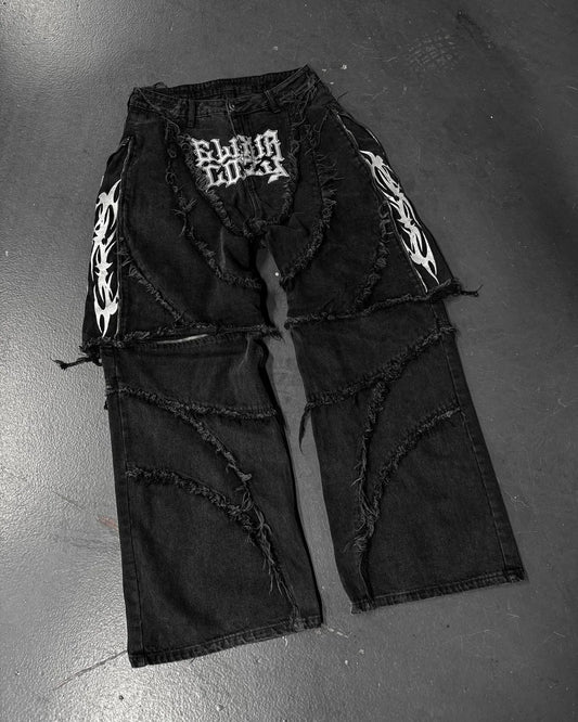 Y2k Patchwork Stripe Embroidery Fur Edge Jeans Fashion America Retro Zipper Splicing Baggy Jeans Punk Men Black Denim Pants