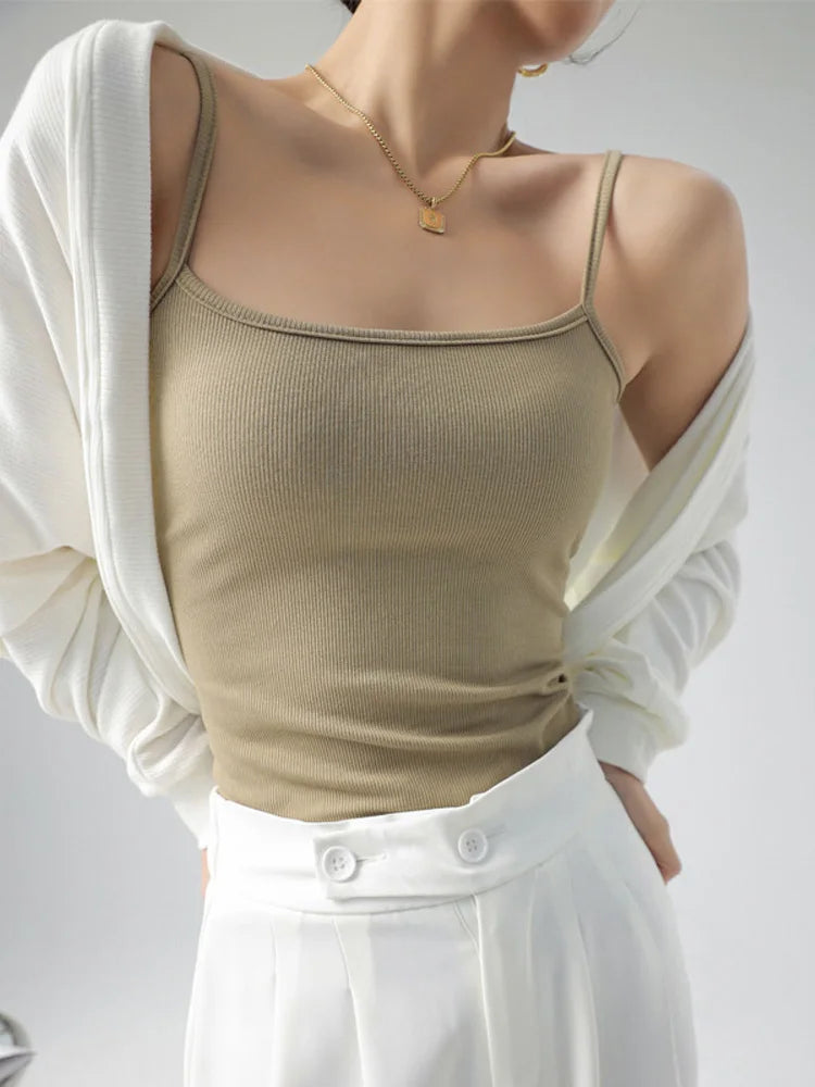 Women's Summer Basic Sleeveless Tank Top Spaghetti Strap Slim Fit Stretch Knitted Solid Color Camisole