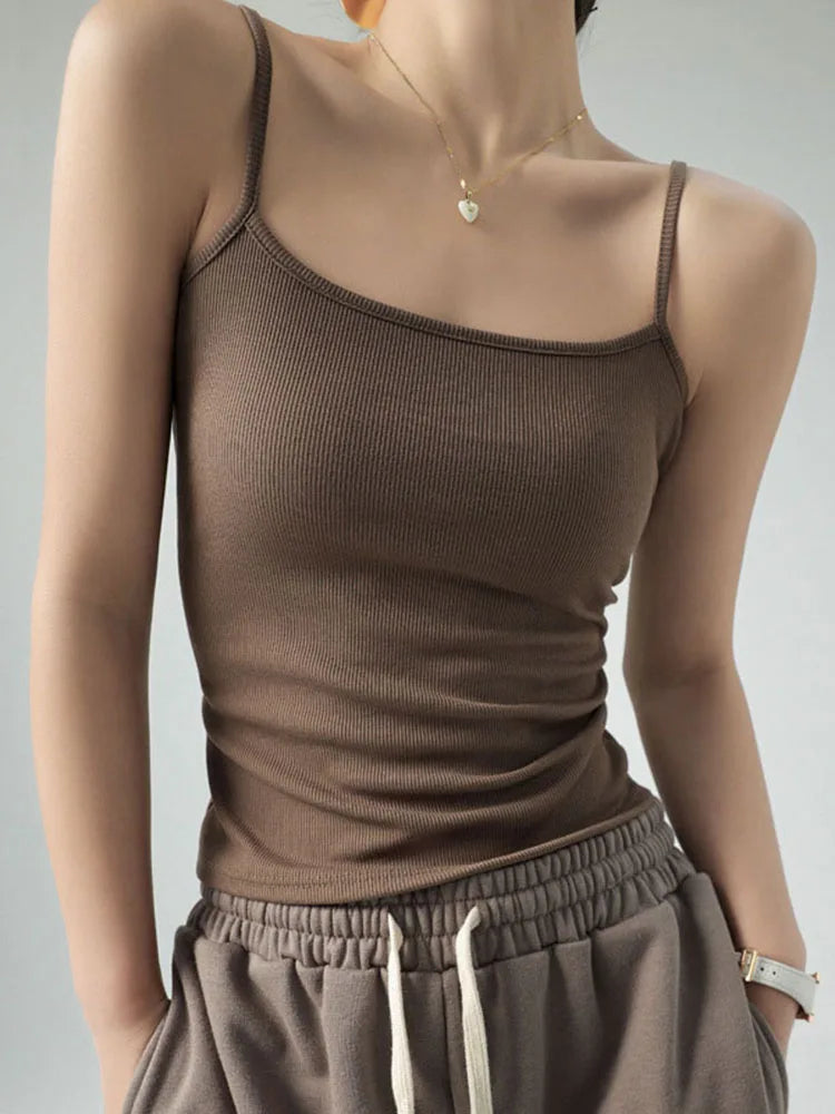 Women's Summer Basic Sleeveless Tank Top Spaghetti Strap Slim Fit Stretch Knitted Solid Color Camisole