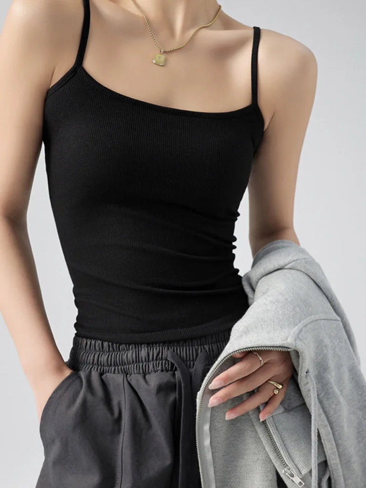 Women's Summer Basic Sleeveless Tank Top Spaghetti Strap Slim Fit Stretch Knitted Solid Color Camisole